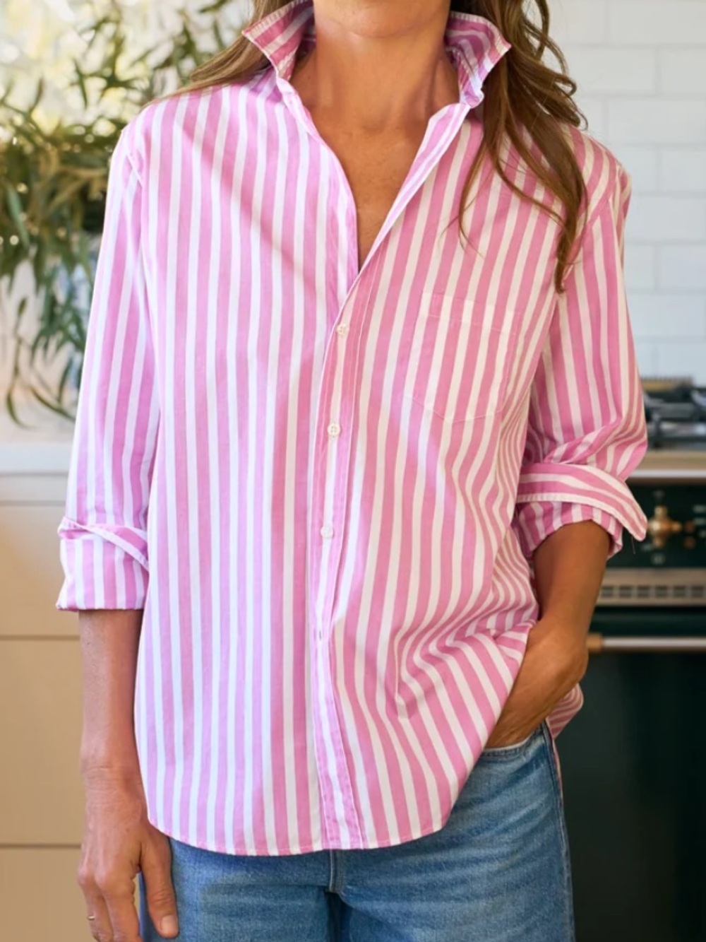 Frank & Eileen Eileen Pink White Stripe Cotton Button Down Shirt M